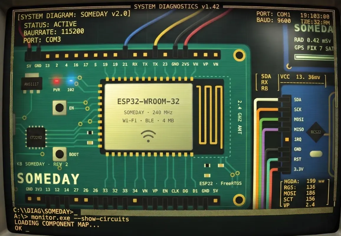 Illustration: a retro CRT monitor showing a diagram of the Someday ESP32 board and its wired modules